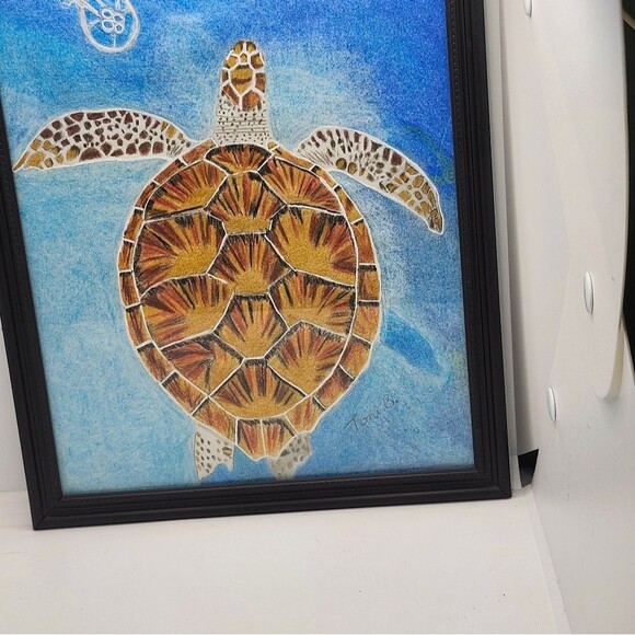 Hand Crafted Sea Turtle Colored Pencil Drawing Framed 9x11" - Picture 11 of 14